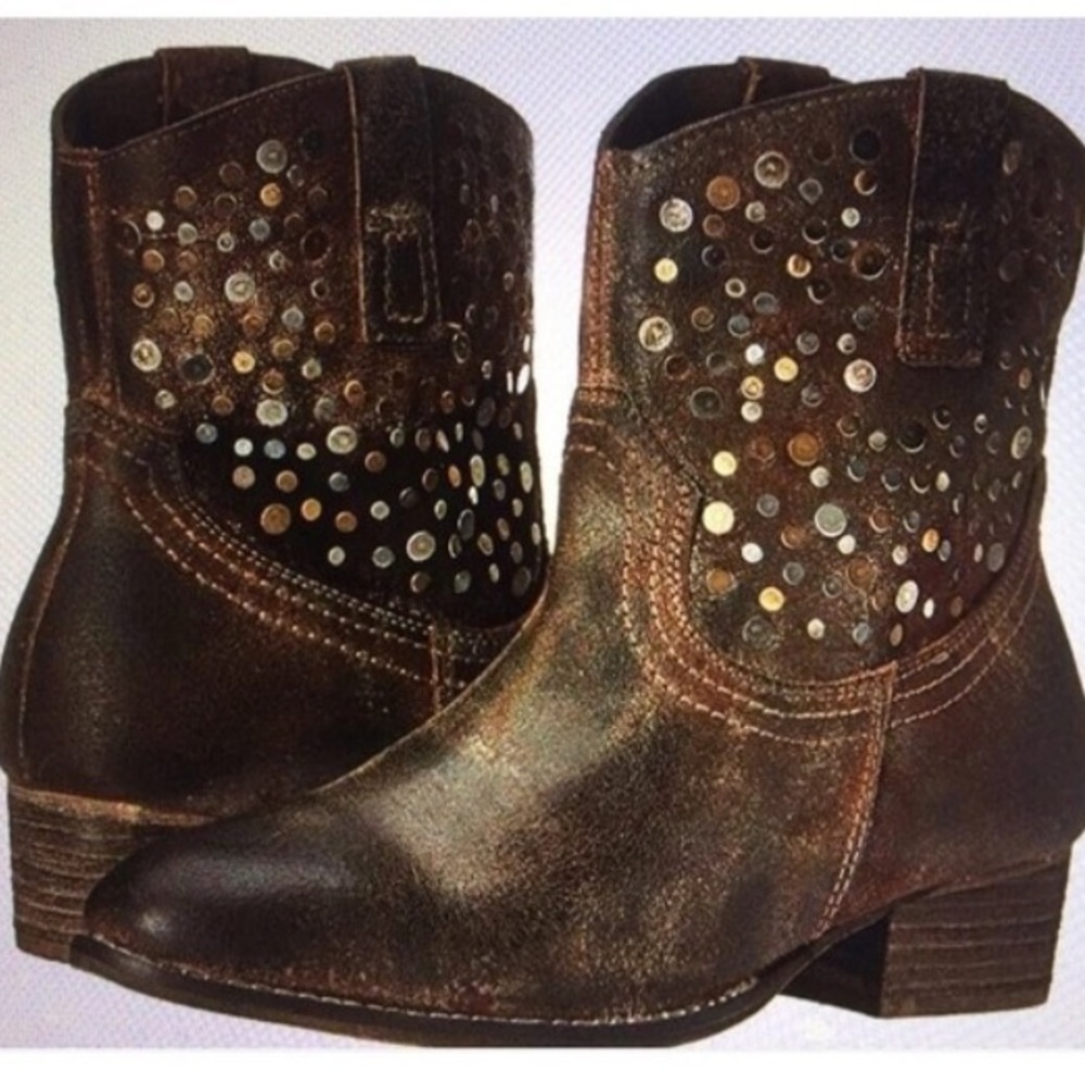 Diba True Flying Solo Brown Leather Studded Ankle Boot